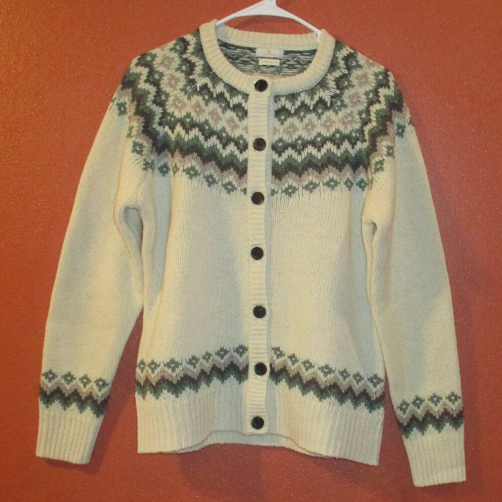 Munrospun Woman Medium Cream Gray Green Lamb Wool Cardigan Sweater